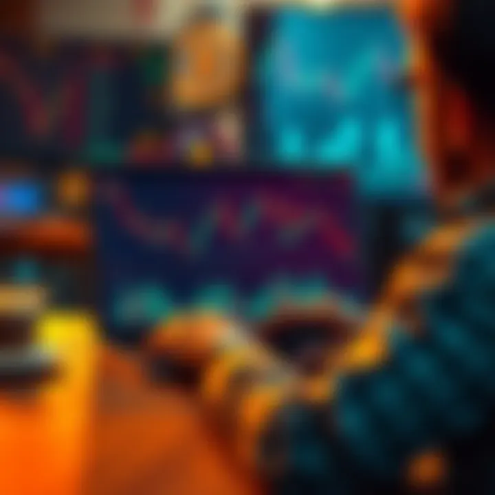 A person analyzing Bitcoin trading charts on a laptop with crypto symbols in the background