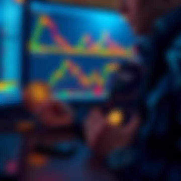 Bitcoin and Trading Chart A person analyzing a trading chart with Bitcoin symbols on a computer while holding a smartphone displaying Bitcoin prices.