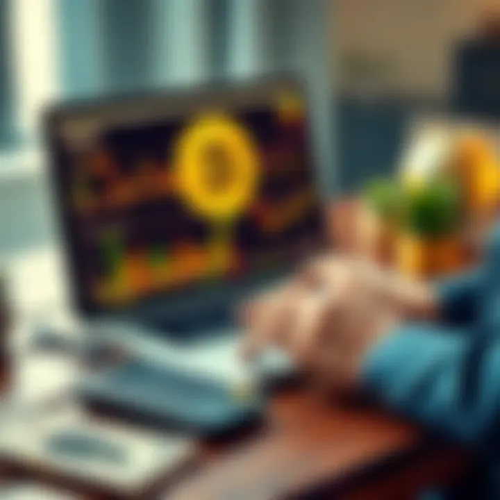 A person analyzing Bitcoin trading charts on a laptop, with dollar bills and a calculator on the desk, representing financial decisions.