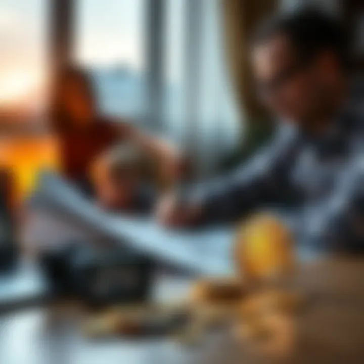 A person reviewing financial documents with family photos and Bitcoin symbols on the table