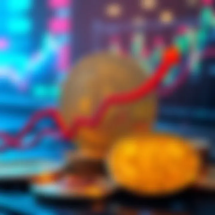 A digital representation of Bitcoin coins with arrows showing increased trading activity over a week.