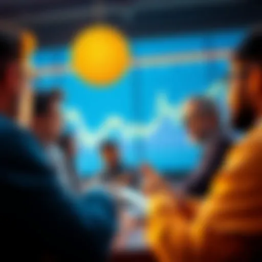 A group of people discussing Bitcoin transaction fees with charts and graphs in the background, expressing varied opinions.