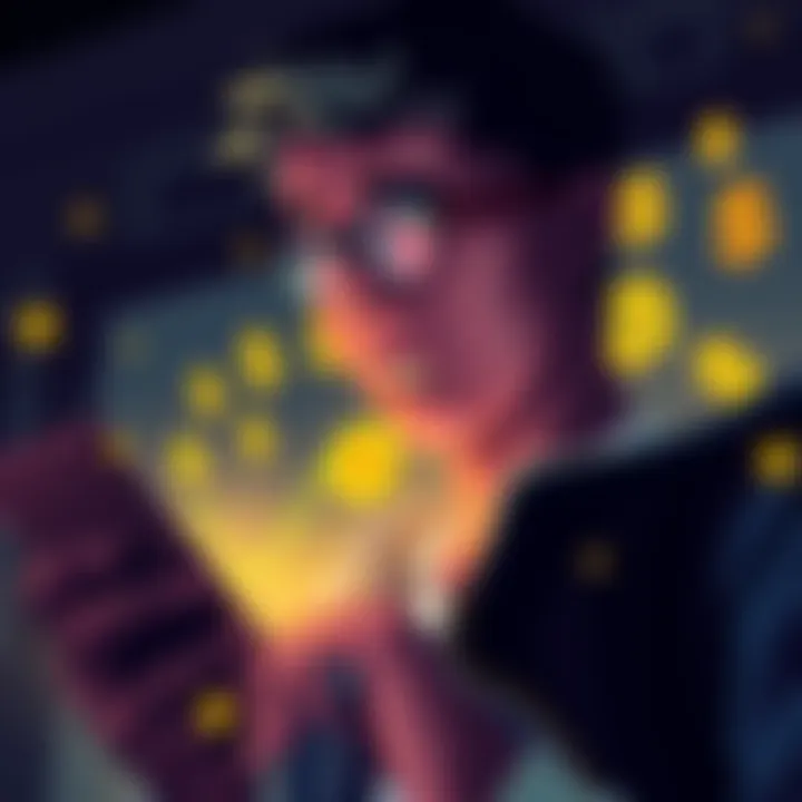 A person looking at their smartphone with a worried expression as the Bitcoin value drops, showing a graph with declining numbers and dollar signs to illustrate loss during a transaction.