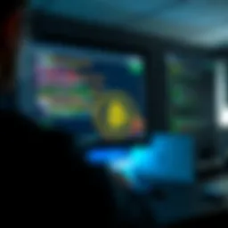 A person troubleshooting a Bitcoin transfer issue to a Kraken Wallet, with error messages displayed on a computer screen, and a Bitcoin logo in the foreground.