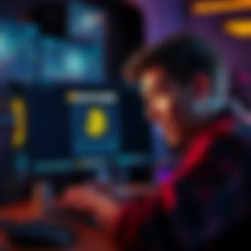 A frustrated person looking at a computer screen with a stalled Bitcoin transfer notification