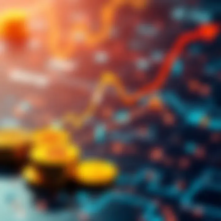 A graphic showing upward trends in Bitcoin prices with symbols of cryptocurrency and digital networks in the background