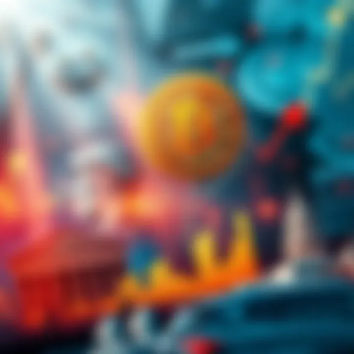 A graph showing Bitcoin's price fluctuations with contrasting arrows indicating potential gains and losses, alongside images of banks and government buildings