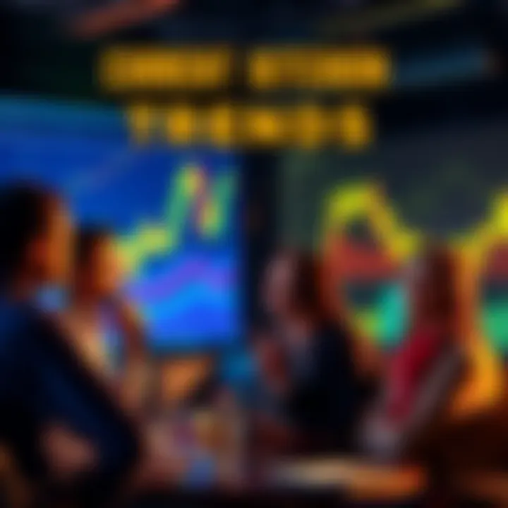 People engaging in a discussion about current Bitcoin trends with charts and graphs in the background.