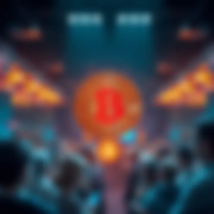 A digital representation of Bitcoin symbolizing trust and power, surrounded by diverse people discussing its impact on society.