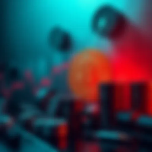 Graph showing a downward trend in Bitcoin value alongside icons of drugs and fuel barrels, representing the link to illicit markets.