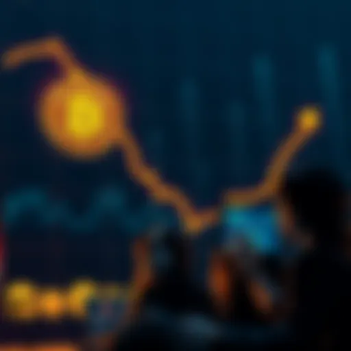 A downward graph showing the decline in Bitcoin values compared to meme coins, with worried investors looking at screens