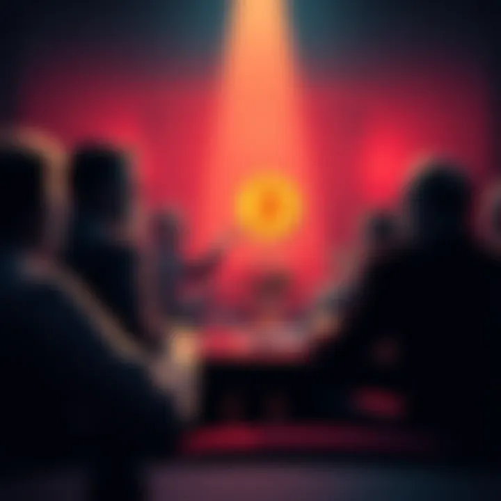 A group of people debating the value of Bitcoin, with a PhD holder presenting arguments and others listening intently.