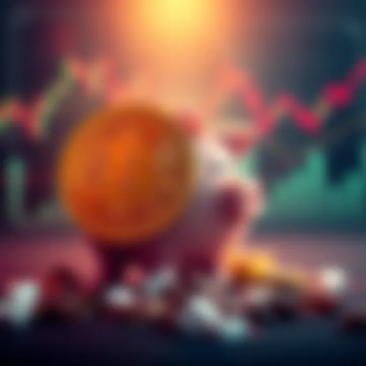 A graphic representation of Bitcoin's decline, showing a downward trend line and a broken piggy bank symbolizing loss, set against a backdrop of financial charts.