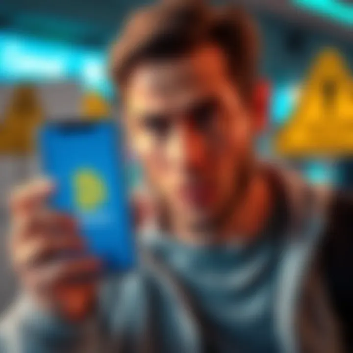 A person looking concerned while holding a smartphone displaying the Bitcoin logo and the Venmo app, with caution signs in the background.