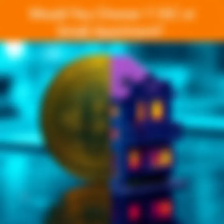 A split image showing a Bitcoin symbol on one side and a small apartment on the other side, highlighting the choice between digital currency and a physical asset.