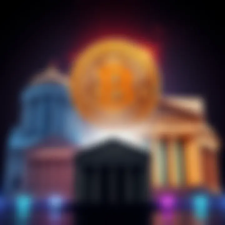 A visual comparison between Bitcoin symbol and traditional bank buildings, showcasing the clash between decentralized finance and conventional banking systems.