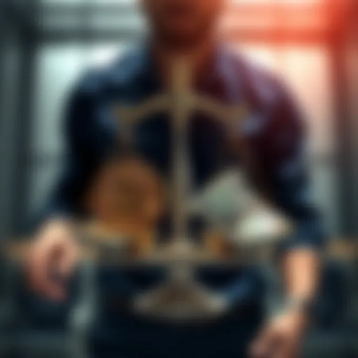 A person weighing options between Bitcoin and cash with a scale, representing financial choices.