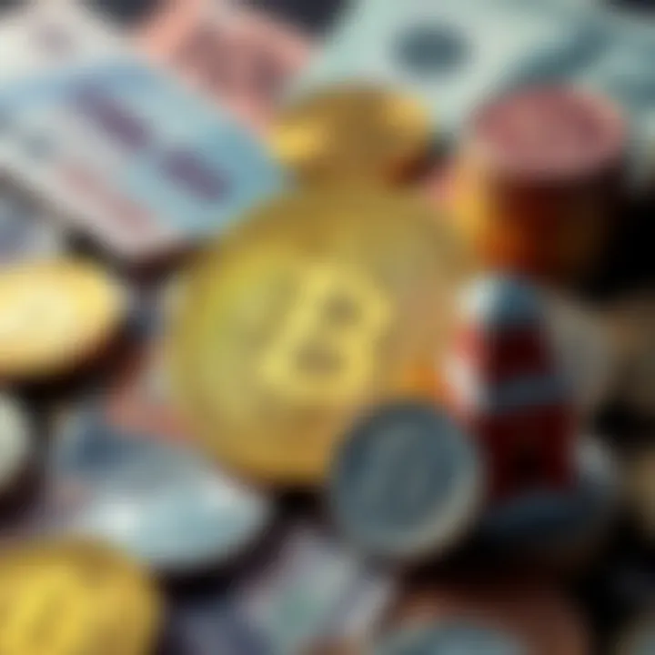 A visual representation of Bitcoin symbol and traditional currency symbols, highlighting the contrast between them.