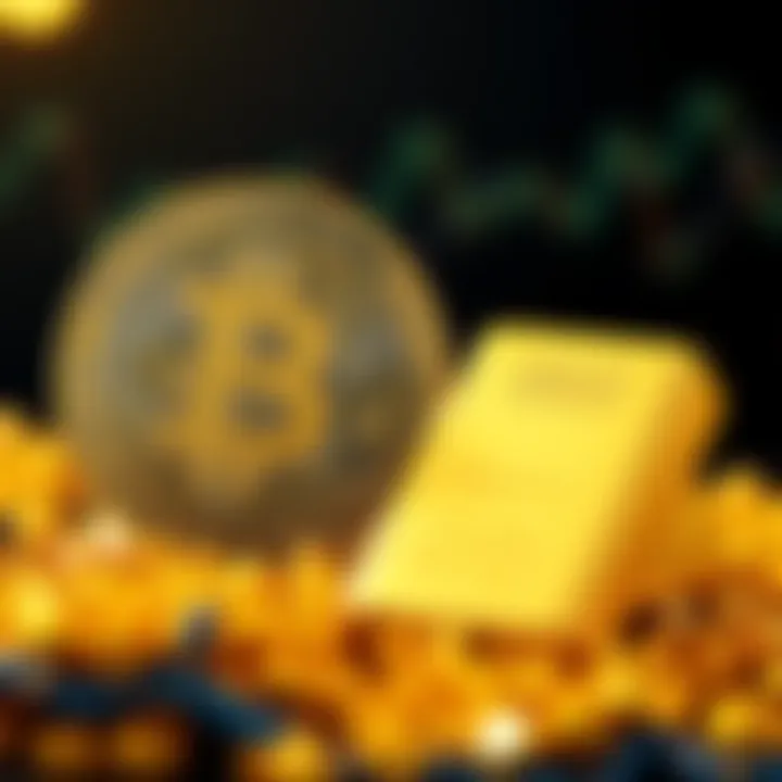 A visual comparison of Bitcoin and gold with Bitcoin symbol on one side and gold bars on the other, highlighting predicted performance growth over the next decade.