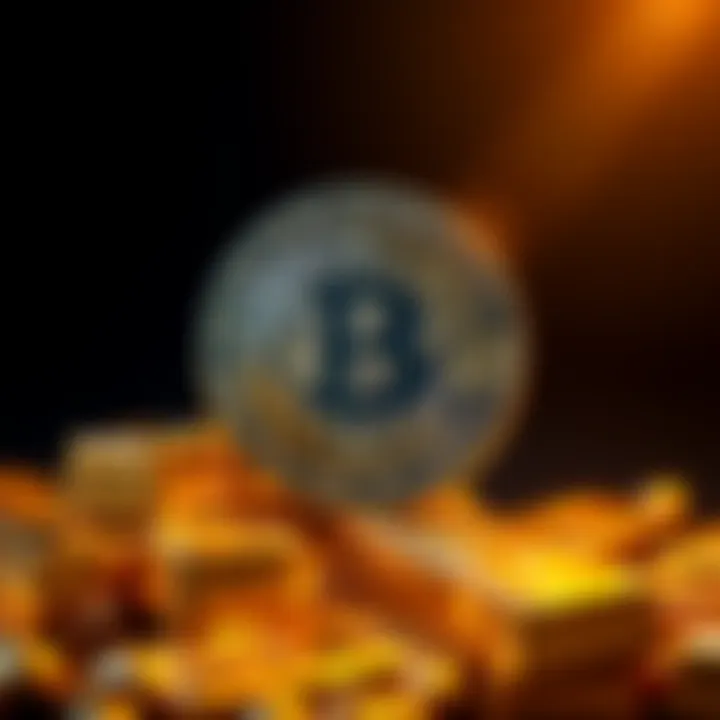 A split image showing a Bitcoin coin on one side and gold bars on the other, representing the difference in investment approaches.