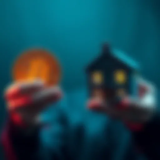 A person comparing Bitcoin investments and home ownership, with a Bitcoin symbol on one side and a house on the other, illustrating financial choices.