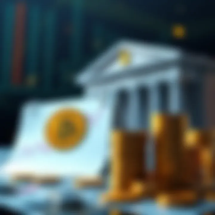 A visual comparison of Bitcoin and a traditional savings account, showing charts and stacks of coins versus a bank building, representing investment choices.