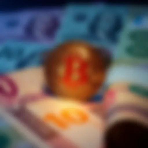 A visual of a Bitcoin symbol glowing brightly with traditional currency notes fading in the background