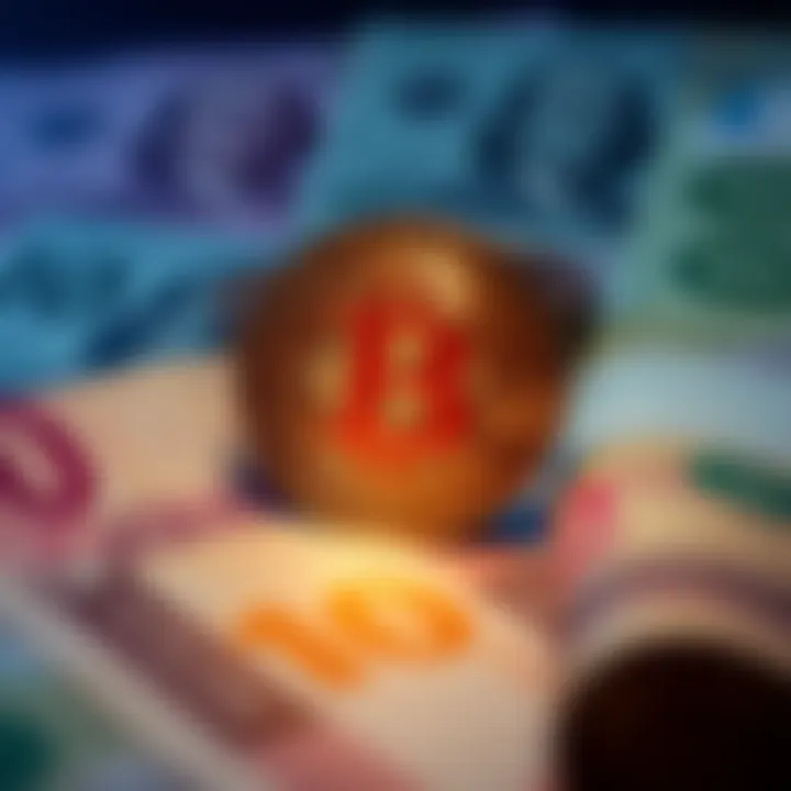 A visual of a Bitcoin symbol glowing brightly with traditional currency notes fading in the background