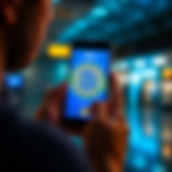 A person holding a smartphone displaying the Blue Wallet app with a Bitcoin symbol on the screen, looking thoughtful about security.