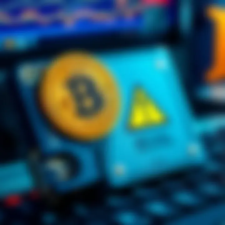 A close-up of a hardware wallet with a warning sign next to it, symbolizing security issues in Bitcoin storage, with keyboard and computer in the background.