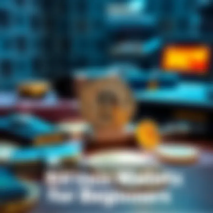 Various types of Bitcoin wallets including hardware, software, and paper wallets displayed on a table with a lock and key symbolizing security.