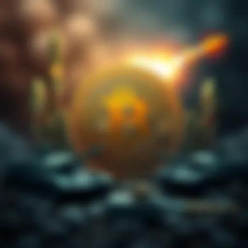 A Bitcoin symbol surrounded by military icons like tanks and missiles, representing the impact of war on cryptocurrency