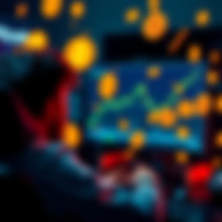 A person looking at a computer screen showing a rising Bitcoin value, with dollar signs around them