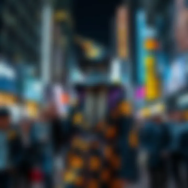 A man wearing a wizard costume with Bitcoin symbols, surrounded by curious onlookers in a busy city street.