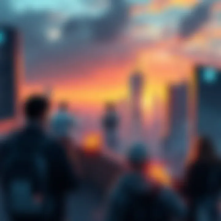 Bitcoiners in 2029 A futuristic city skyline with people engaging in cryptocurrency transactions using digital devices, showcasing the evolution of Bitcoin in society.