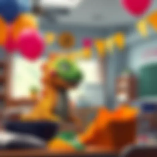 A colorful scene showing a friendly Bitcoinsaurus character preparing for an event, with balloons and banners in a kindergarten setting.