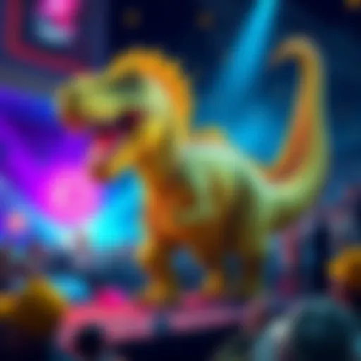 A vibrant scene of Bitcoin-saurus preparing for the Upril event with colorful crypto motifs and enthusiastic people around.
