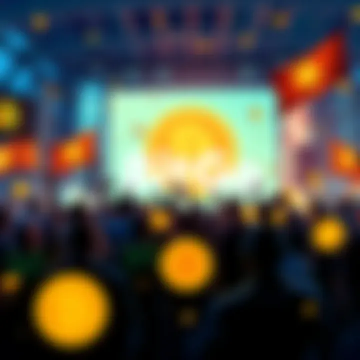 People celebrating BitGo's public listing with bitcoin logos and flags in the background