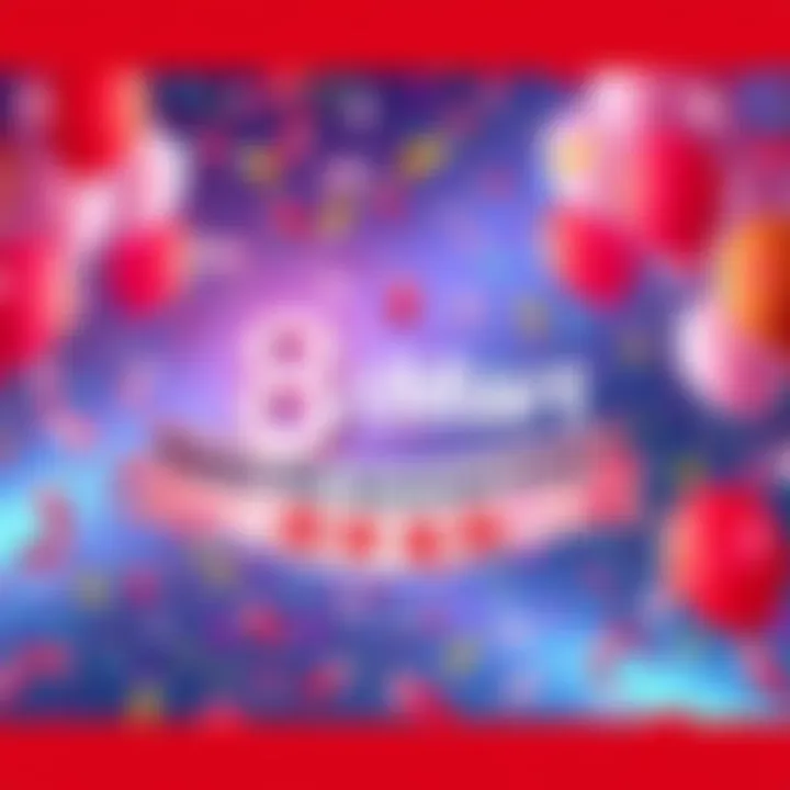 A festive scene featuring balloons and confetti, symbolizing BitMart's 8th anniversary with a banner that reads 'Happy 8th Anniversary BitMart'.