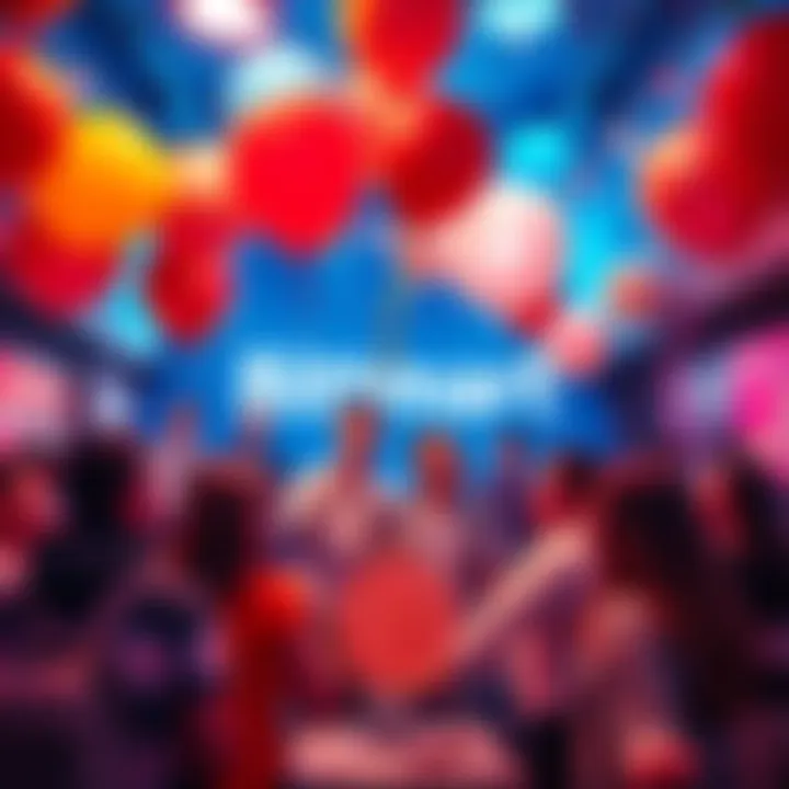 A festive scene showcasing people celebrating Bitmart's 8th anniversary with balloons, memes, and crypto-themed decorations.