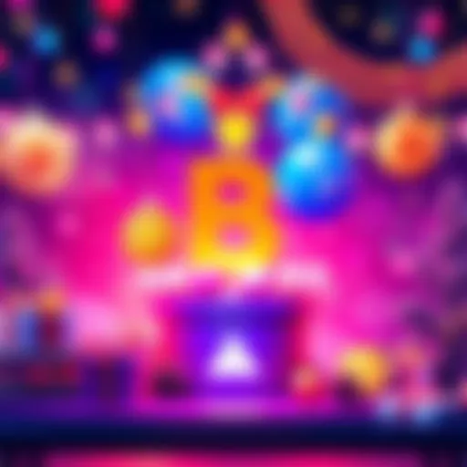 A vibrant graphic featuring festive decorations and crypto symbols to mark BitMart's 8th anniversary celebration with rewards and events.