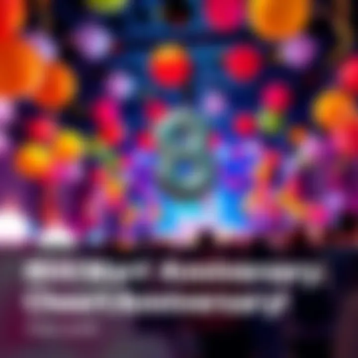 A festive event celebrating BitMart's 8th anniversary with balloons, banners, and people enjoying the occasion