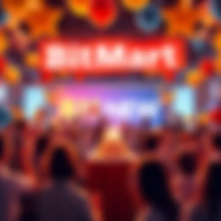 People celebrating BitMart's 8th anniversary with balloons and banners