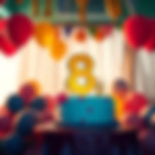 A festive scene celebrating Bitmart's 8th anniversary with balloons and cake