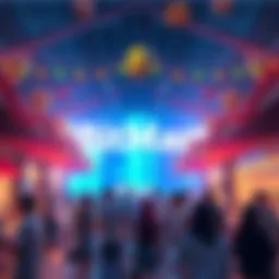 A festive scene of people gathering at BitMart's 8th anniversary celebration, enjoying activities and sharing in community spirit.