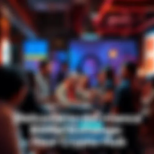 A group of diverse people discussing cryptocurrency and finance in a lively community space