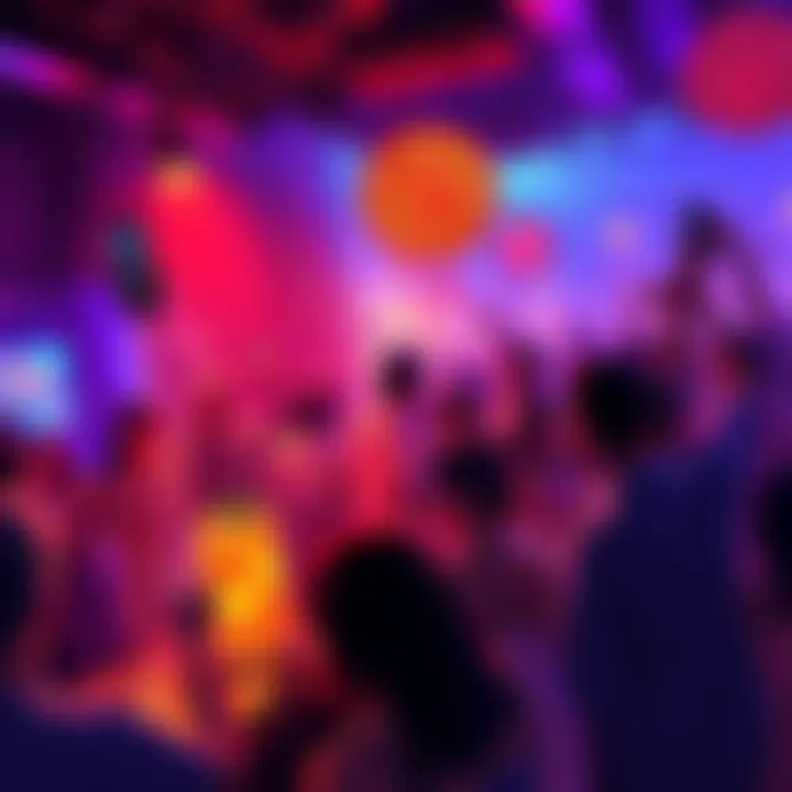 A lively scene at BitMart's exclusive party in Hong Kong with people enjoying drinks and dancing to local DJs in a vibrant setting.