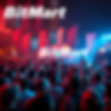 Excited crowd gathered for BitMart's new ambassador reveal event, with banners and lights in the background