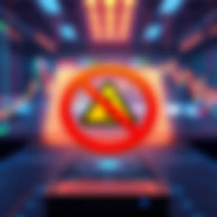 Illustration showing a digital trading platform with a warning symbol and cancellation signs indicating the suspension of DMNS trading on BitMart.