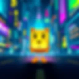 Bitty, a cheerful cartoon character with a Bitcoin symbol, stands in a vibrant city filled with digital elements and cryptocurrency visuals.